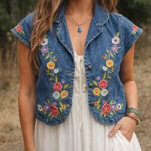 Vintage 80s Carrie Allen Floral Embroidered Denim Vest Women’s Large USA